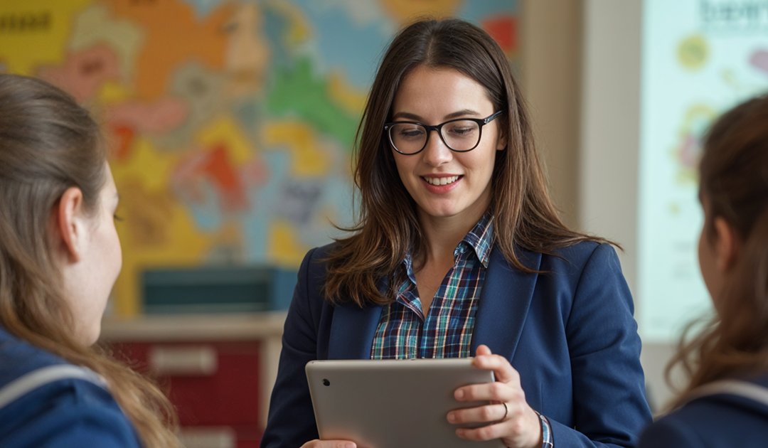 Teacher leading a GCSE Geography revision session with students using a tablet in a classroom with a world map in the background.