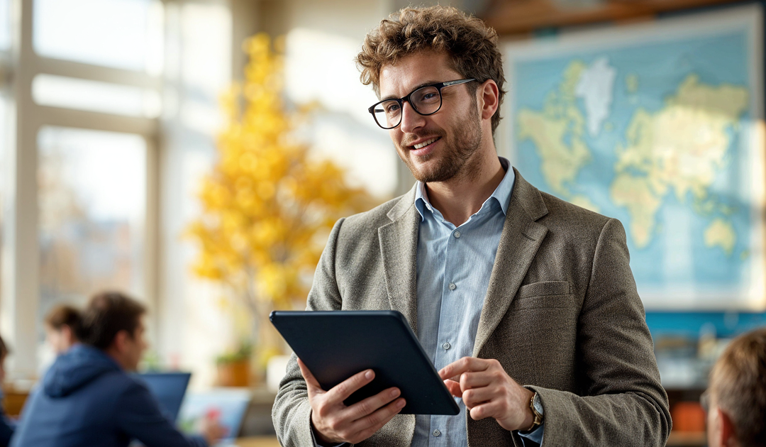 Teacher using Propello’s all-in-one teaching platform on a tablet in a classroom