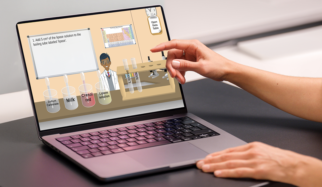 Student interacting with an online GCSE required practical simulation on a laptop, using a virtual science experiment to learn the lipase practical method.